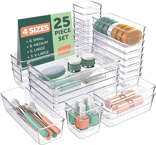 25 PCS Clear Plastic Drawer Organizers Set 4 Sizes Clear Drawer Organizers &...